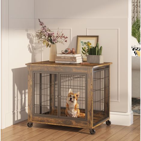 Gabbia da interno per cani 80x56x69,5 cm in legno e acciaio marrone/nero con ruote – MEUBLIV (1/5)