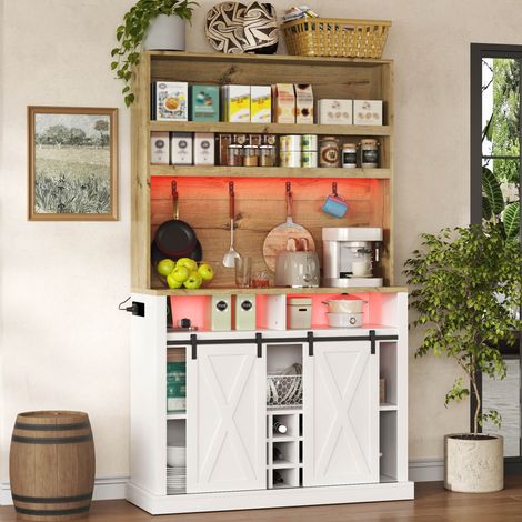 Meuble de cuisine de 191 cm, armoire haute avec éclairage LED, étagère avec prise électrique, crochets, casier à vin et vitrine pour cuisine et salle à manger (1/5)