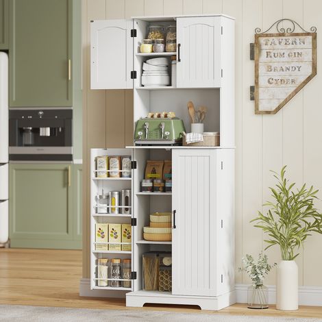Buffet de cuisine haut de style campagnard. 2 placards et 8 étagères à épices. 60 x 40 x 181,5 cm. Blanc