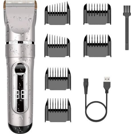 Tondeuse à cheveux professionnelle, IPX7, lame en céramique, écran LCD, peigne motorisé réglable 3/6/9/12 mm, étanche, rechargeable, pour usage domestique ou professionnel (argent) (1/5)
