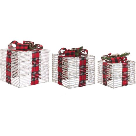 Conjunto de 3 decoraciones regalos de Navidad con lazos luces LED blancas cálidas acabado brillante para interior blanco crema Mangen