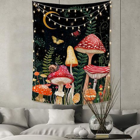 Mushroom Tapestry Moon and Stars Butterfly Wall Tapestry Aesthetic Vertical Tapestry Tarot Tapestry Wall Hanging for Bedroom Living Room Decor (148x200cm, Black) (1/5)