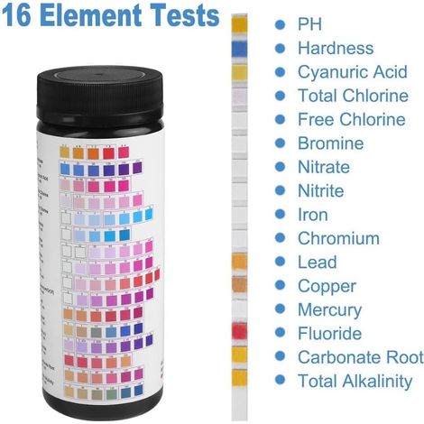 Strisce reattive per acquario 16 in 1 - 100 test per la qualità dell'acqua - Acqua dolce e salata - pH, alcalinità, nitriti, nitrati, cloro, carbonati, durezza - ALTRO (1/3)