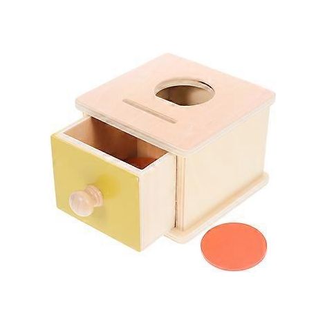 1 Set aus Holzmünzen und Kugeln, passende Box, Holzmünzbox, Objektpermanenzbox