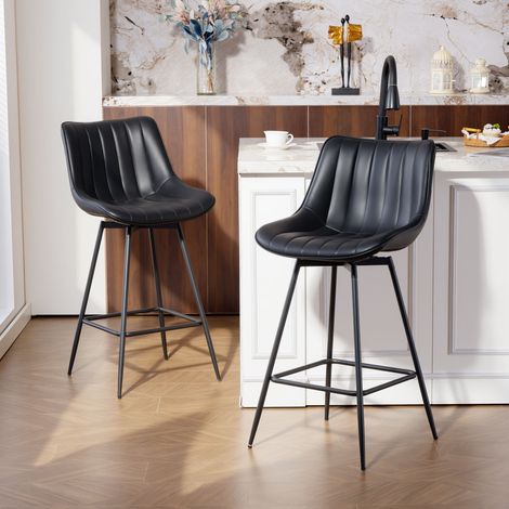 Set aus 2 Barhockern, 360° drehbare Barstühle mit Kunstlederbezug, Rücken- und Fußstütze, Schwarz