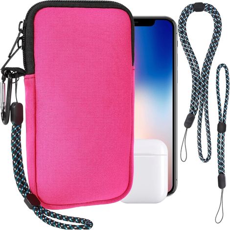 Housse Universelle Smartphone, Pochette de Protection en Durable néoprène pour téléphone Portable Sacoche de Protection avec Mousqueton et Dragonne Compatible avec iPhone 13 14 15 16, Rose Rouge (1/5)