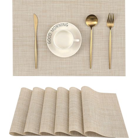 Lot de 6 Sets de Table Beiges, résistants à la Chaleur, antidérapants, lavables et durables en Vinyle PVC tissé (Beige, 6) (1/5)