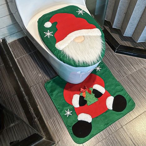 Ensemble de deux pièces housse de siège de toilette et tapis de toilette bonhomme de neige, Père Noël et gnome - Décoration de salle de bain saisonnière - Cadeau de Noël créatif et adapté (1/5)