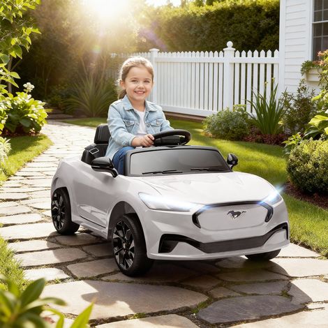 Coche eléctrico infantil Ford Mustang Mach-E con licencia oficial, 12 V, mando a distancia 2.4G, 2 motores, 92 x 55 x 44 cm, blanco.