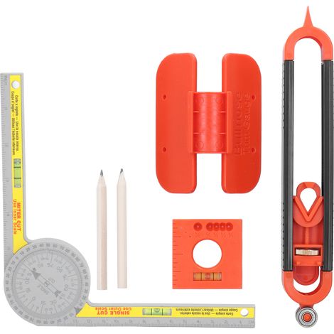 Lot de 6 outils de tracé : équerre, rapporteur, traçeur d'angle, règle, 2 crayons, niveau à bulle, ABS orange gris (1/5)