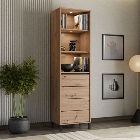Vitrina Calto, Mueble Expositor 4 Estantes, Una Puerta, con Patas, 55x40x193h cm Marrón Roble Nodoso (1/5)