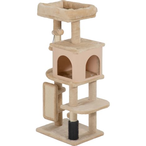 Arbre à chat multi-niveaux de 104 cm avec maisonnette, couchage, griffoir, brosse et balle, beige