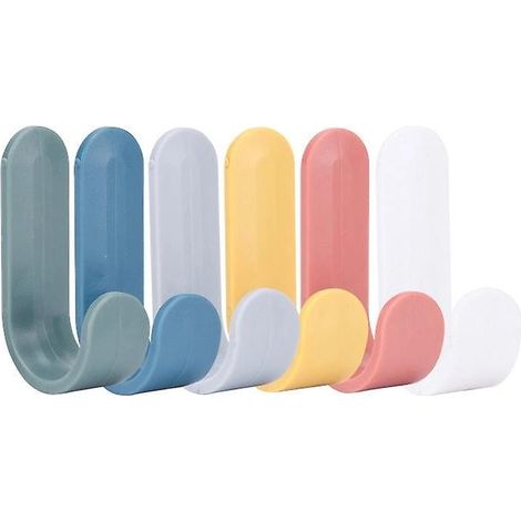 Crochets adhésifs colorés, crochets muraux robustes, étanches, en plastique adhésif, pour vêtements, portes, manteaux et cuisine (6 pièces, couleurs variées) (1/5)