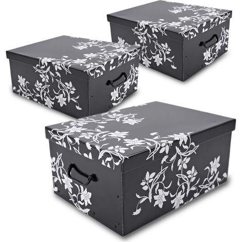 3er Set Aufbewahrungsbox mit Deckel 51 x 37 cm - Schwarz mit Blumenmuster - Stapelbox aus Pappe mit Griffen 45 L - Organizer Storage Box Allzweck Spielzeug Kiste Geschenk Karton Barock stapelbar