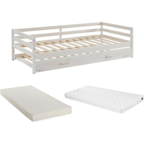 Letto a scomparsa + materasso 2 x 90 x 190 cm Pino massello e MDF Sbiancato - AEDAN II