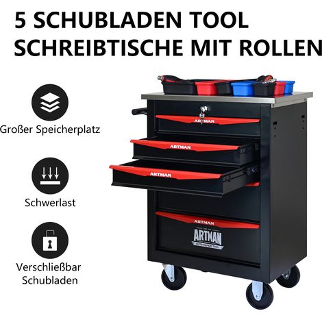 Chariot de rangement métallique 5 tiroirs avec roues, noir et rouge, pour atelier garage entrepôt réparation, plateau inox inclus