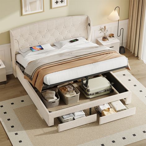 Beige Linen Upholstered Double Bed with Hydraulic Storage & Headboard Charging Station - Wingback Button Tufted Design, USB/Type-C Ports, No Box Spring Needed, No Mattress