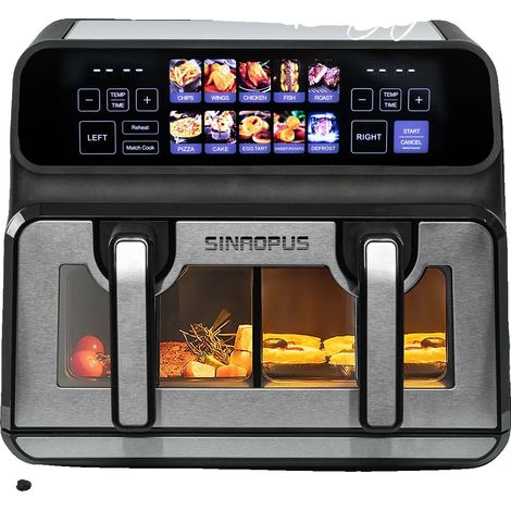Freidora de aire, capacidad de 9 litros, potencia de 2200 W, rango de temperatura de 50 a 200 °C, diseño de doble cesta, pantalla táctil LED. (1/5)