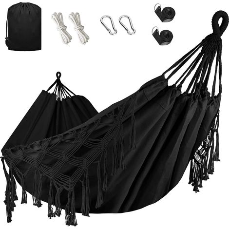 Hamac Double Ultra-Résistant, Capacité de Charge 200 kg, avec Pompons et Tressage en Queue de Poisson, Sangles de Fixation la Terrasse ou le Balcon Noir (1/5)
