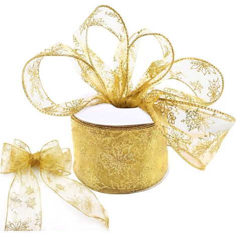 Ruban organza flocon neige doré 30 pieds, bords métalliques décoration Noël emballage bricolage