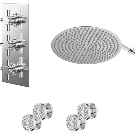 Cross Polished Chrome Concealed Triple Thermostatic Shower Valve and 400mm Round Head with 345mm Wall Arm and 4 Body Jets - 2 Outlet (1/5)