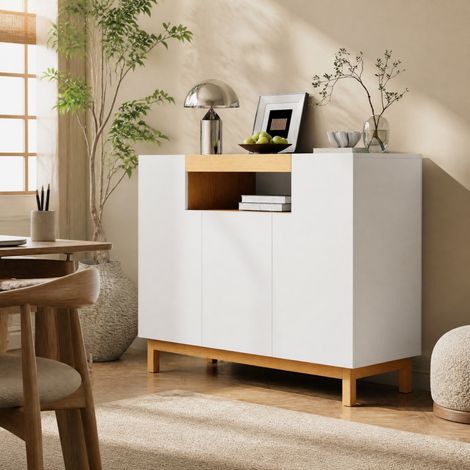 Aparador moderno de 3 puertas blanco con efecto madera en aglomerado (1/5)