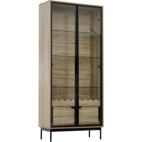 Armoire haute de rangement avec porte en verre, étagères réglables en hauteur et tiroir, décor en forme d'onde, pieds métalliques (1/5)