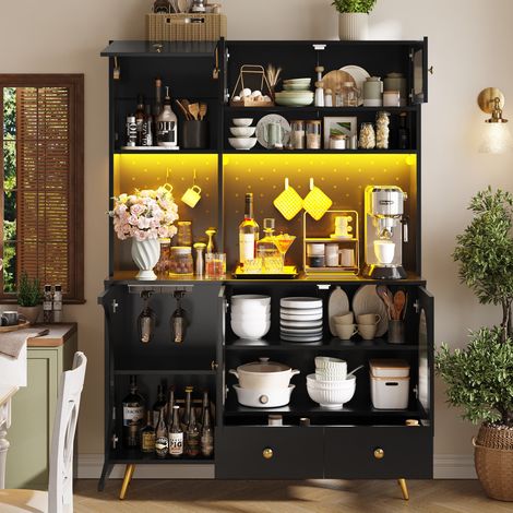 REDOM - Credenza alta da cucina 120x40x176 cm, LED regolabile via app, prese e USB integrati, MDF e vetro nero (1/5)