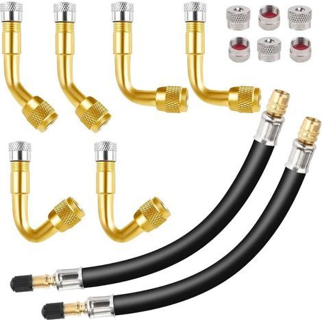 6 Embouts Valve Pneumatique, Cuivre, 45 90 135 Degrés, Tuyau Extension Caoutchouc 210 mm, Bouchons, Voitures Motos Vélos (1/5)