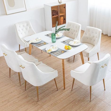 Esszimmerstühle 6er Set Samt mit Metallbeinen, gepolstert, beige (1/5)