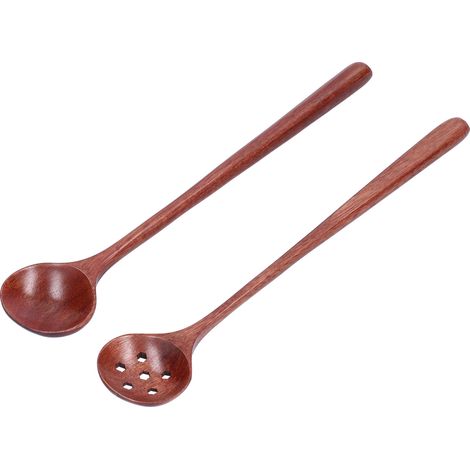 Lot de 2 cuillères en bois à manche long droit, ustensile de cuisine pour tasse, assiette, bol et cuisine. (1/5)