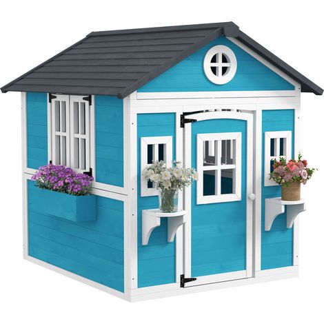 Outsunny casa de jardín infantil casa de madera para niños con puerta ventanas jardineras y soportes de flores 114x126,4x135 cm azul