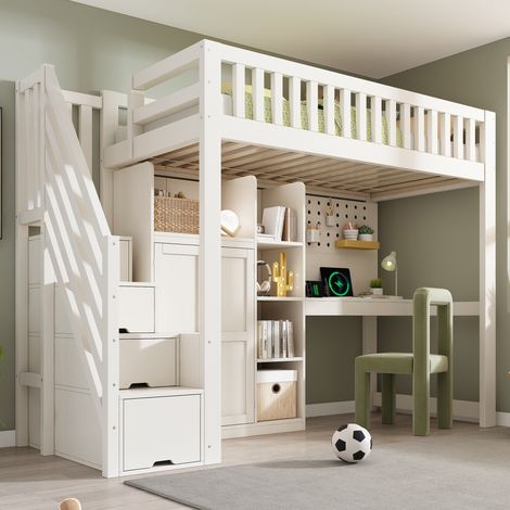 Lit mezzanine 90x200 cm - escalier avec rangement - avec bureau, armoire et étagères ouvertes - interface USB - Blanc