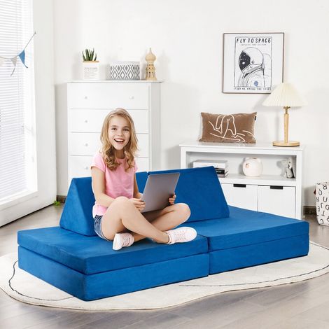 Kids Sofa Bed Convertible Children Couch w/Washable Cover 2 Folding Mat 2 Pillow