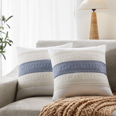 Lot de 2 housses de coussin décoratives style bohème en coton doux, blanc naturel/bleu contrasté, 45 x 45 cm, style ferme bleu, pour canapé-lit (1/5)