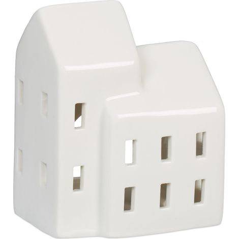Relaxdays Casetta Portacandele in Ceramica, Casa Luminosa Porta-Tealight, per 1 Candelina, HLP: 9,5 x 7,5 x 6 cm, Bianco