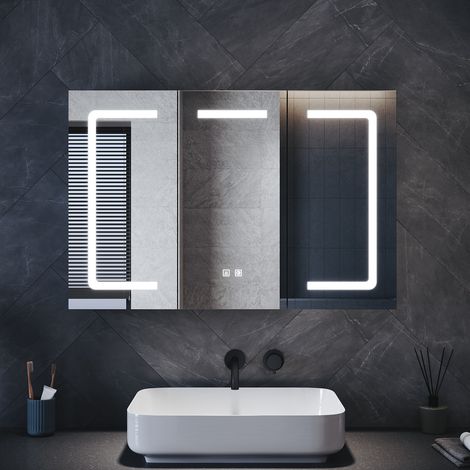 ELEGANT LED Three-Door Bathroom Mirror Cabinet with Shaver Charging Socket, Dimmable LED Lighting, Anti-Fog, Large Size & Capacity, Light Coffee, 900x600x125mm (1/5)