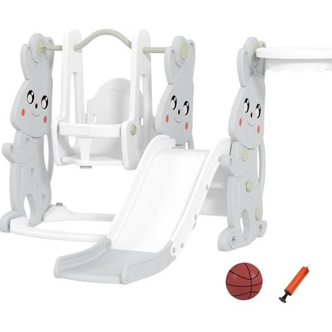 Tobogán infantil 4 en 1 con columpio, escalera y canasta de baloncesto, plástico gris (1/5)