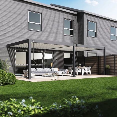M&S – Pergola bioclimatique adossée 7,5x3,7m en aluminium anthracite et blanc – Lames orientables jusqu'à 135° – Résistance au vent 100 km/h