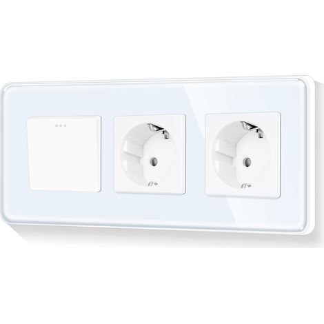 Interrupteur Schuko rond 1 voie encastré avec double prise - Cadre en verre - Avec bords incurvés - Blanc - 110-250 V - 228 mm (1/5)