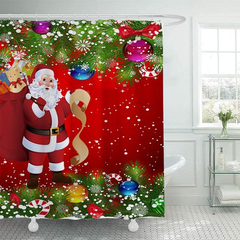 180 x 200 cm großer Duschvorhang mit Weihnachtsmotiv, Duschvorhang mit Weihnachtsmann-Motiv, Badezimmer-Dekorationsset, wasserdichtes Material, mit 12 Haken