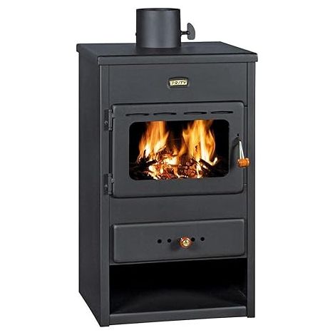 Prity – Poêle à bois 9 kW – Efficacité 75-80% – Rangement pour séchage – Chambre de combustion doublée briques réfractaires – Ø tuyau 130 mm (1/4)