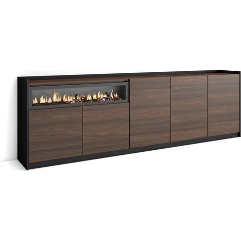 Skraut Home - Aparadores para salón, 260x37x80cm, 5 Puertas, Chimenea eléctrica, Roble oscuro y Negro (1/5)