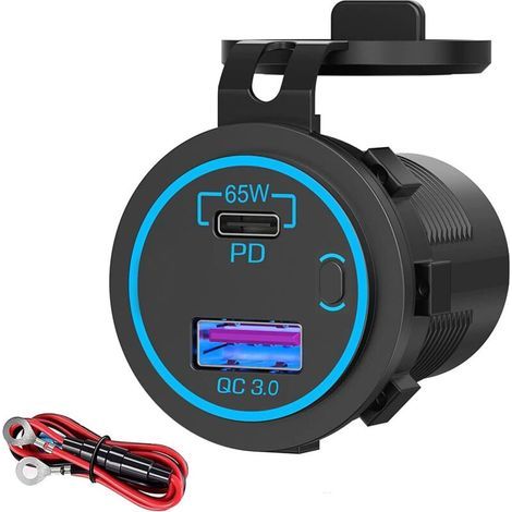 Prise USB 12V, 83W, Chargeur Double Port avec Charge Rapide Simultanée (QC3.0 18W + PD 65W) et Interrupteur on/Off, Port USB à Encaster pour Auto 12-24V, Camion, Bateau, Camping-Car