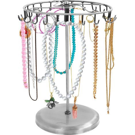 Expositor giratorio de joyas de metal plateado (23 ganchos) - 34,8 x 20,5 cm - Torre para exhibir joyas - Soporte para collares, pulseras, anillos y pendientes (1/5)
