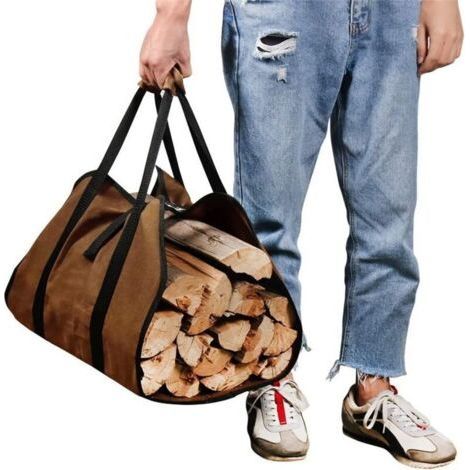 Large Firewood Bag, Canvas Firewood Bag, Waterproof Firewood Bag, Foldable Fireplace Accessory, Suitable for Wood Stoves, Camping and Beach (Brown). (1/4)