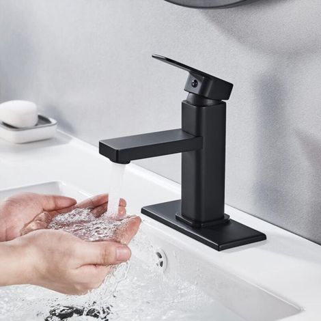 Robinet de salle de bain moderne à poignée unique en chrome, robinet de lavabo monotrou avec couvercle de montage, noir (1/4)