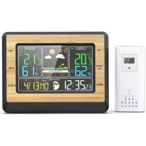 Station Météo LCD Écran 6 Pouces Interieur Exterieur Sans Fil,Alarme de Température/Humidité, Réveil Snooze,un Capteur (1/5)