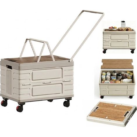 Chariot de courses pliable à roulettes avec poignée – Grande capacité de 60 L – Coffre de rangement multifonctionnel avec couvercle en bois (utilisable comme table ou siège) – Idéal pour les courses, (1/5)
