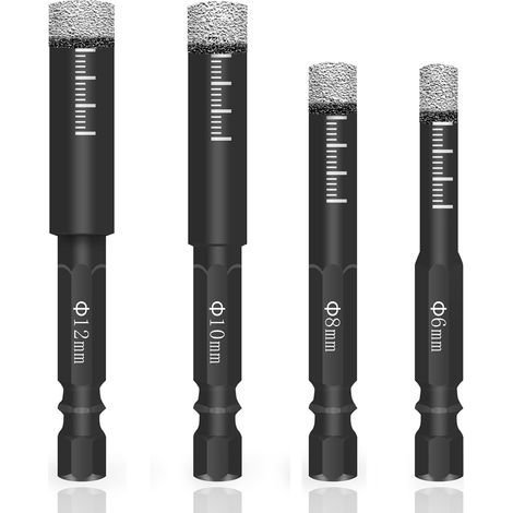 Lot de 4 forets diamantés pour carrelage et verre 681012 mm, tige hexagonale, forets diamantés pour céramique, granit, verre, porcelaine, carrelage, grès cérame (1/4)